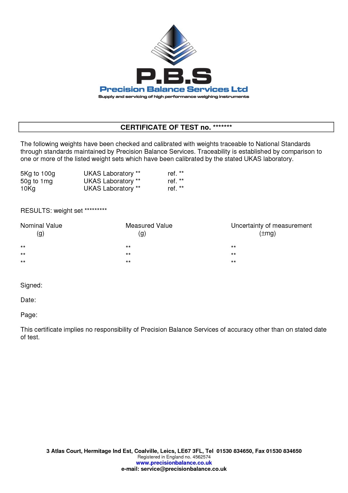 Certificate of Calibration (Weights) Precision Balance Services